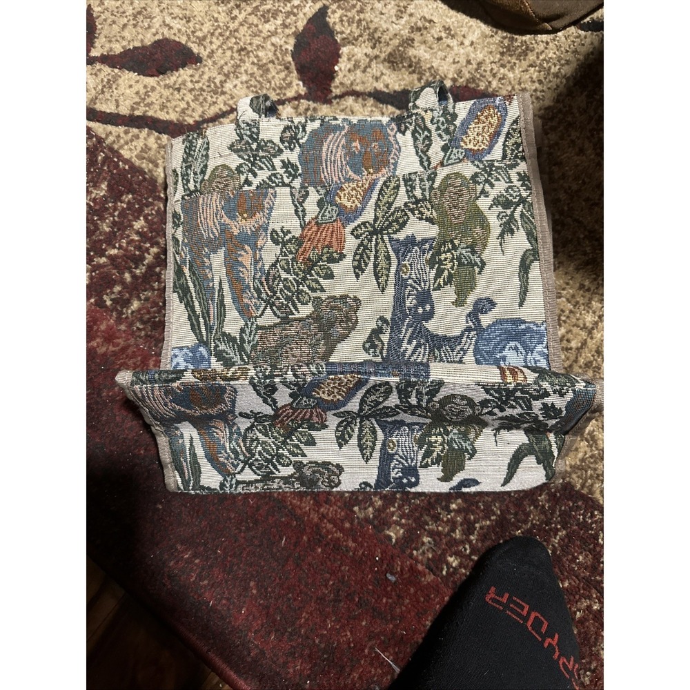 Vintage Jade Tapestry Tote Bag Safari Jungle Animals Tan Black Large Zipper